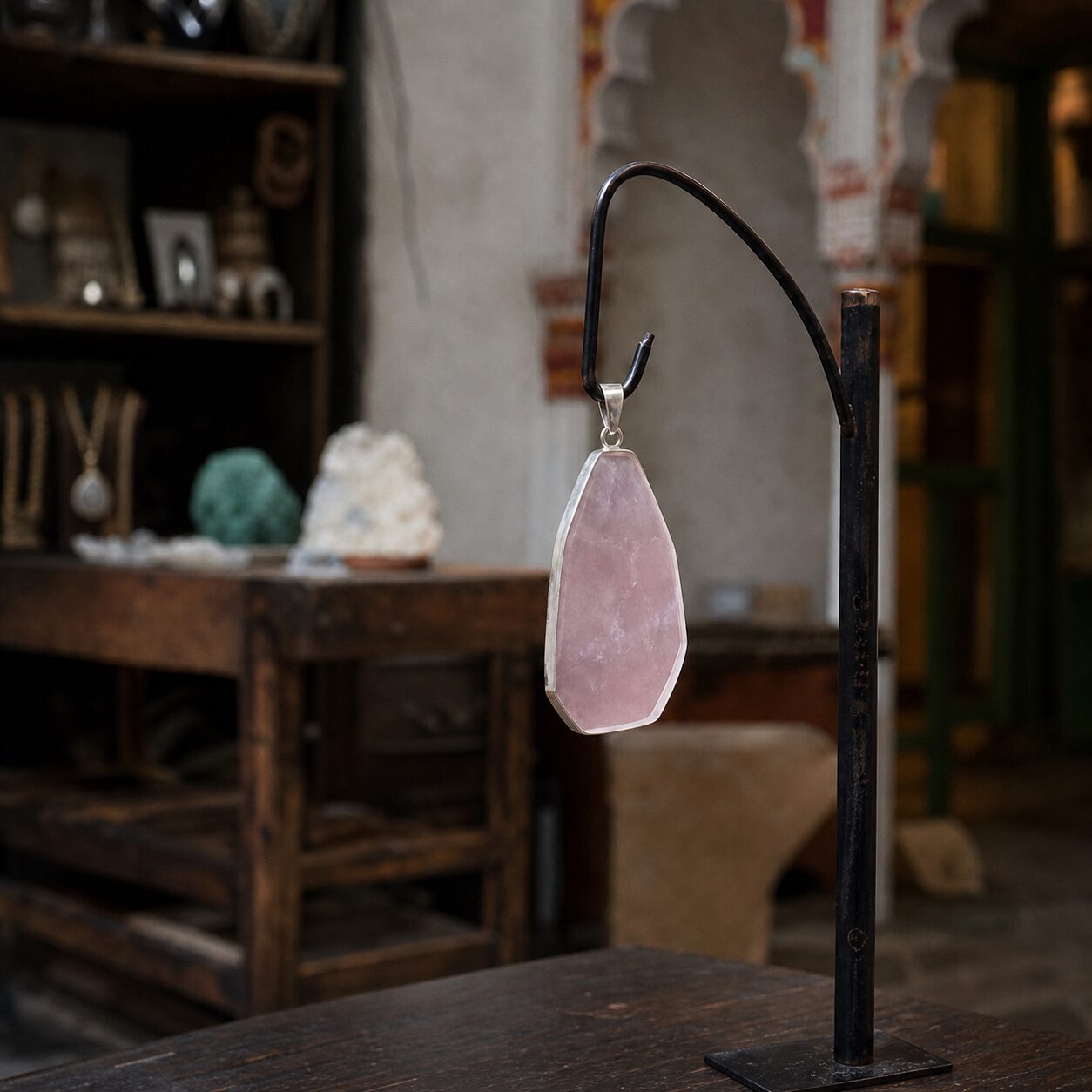 Pendentif rose sur présentoir noir