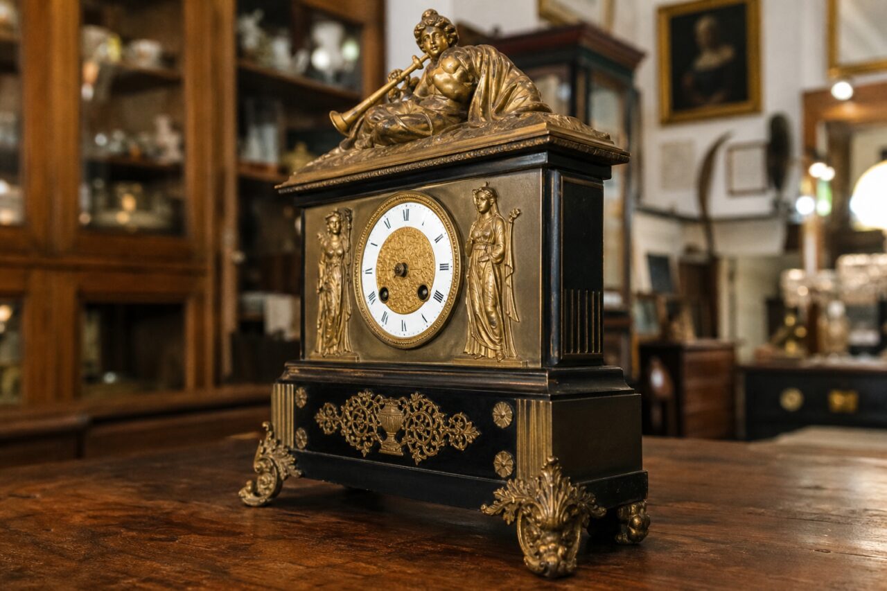 Pendule noire et dorée surmontée d’une figure à la trompette