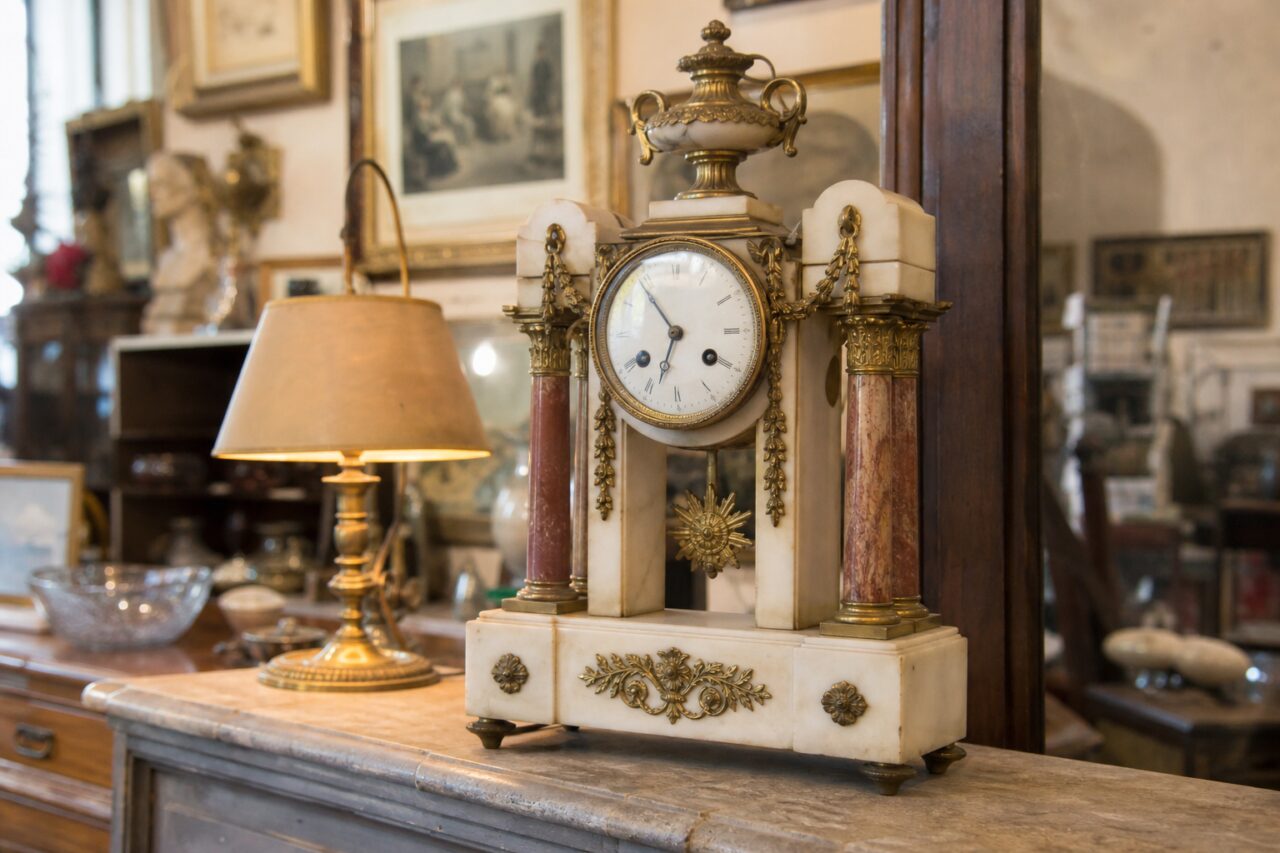 Portaluhr aus hellem Stein mit rot geäderten Säulen und Goldornamenten im Antiquitätengeschäft