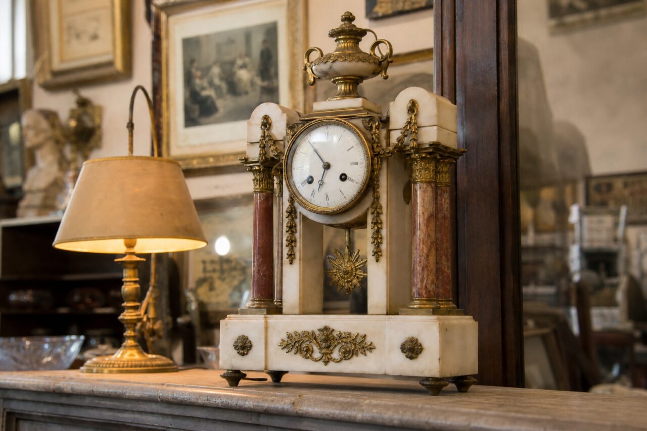 Pendule portique vue en légère plongée sur un comptoir avec base fleurie et balancier doré