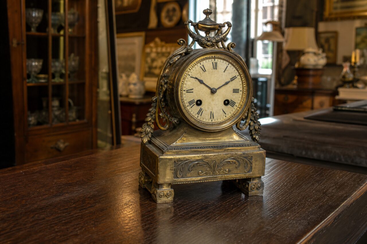 Reloj redondo con hojas sobre un pedestal de metal dorado