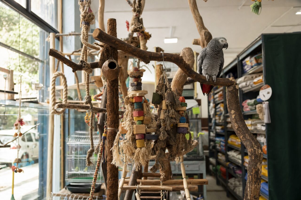 Grey parrot perched on a branch in a pet shop
