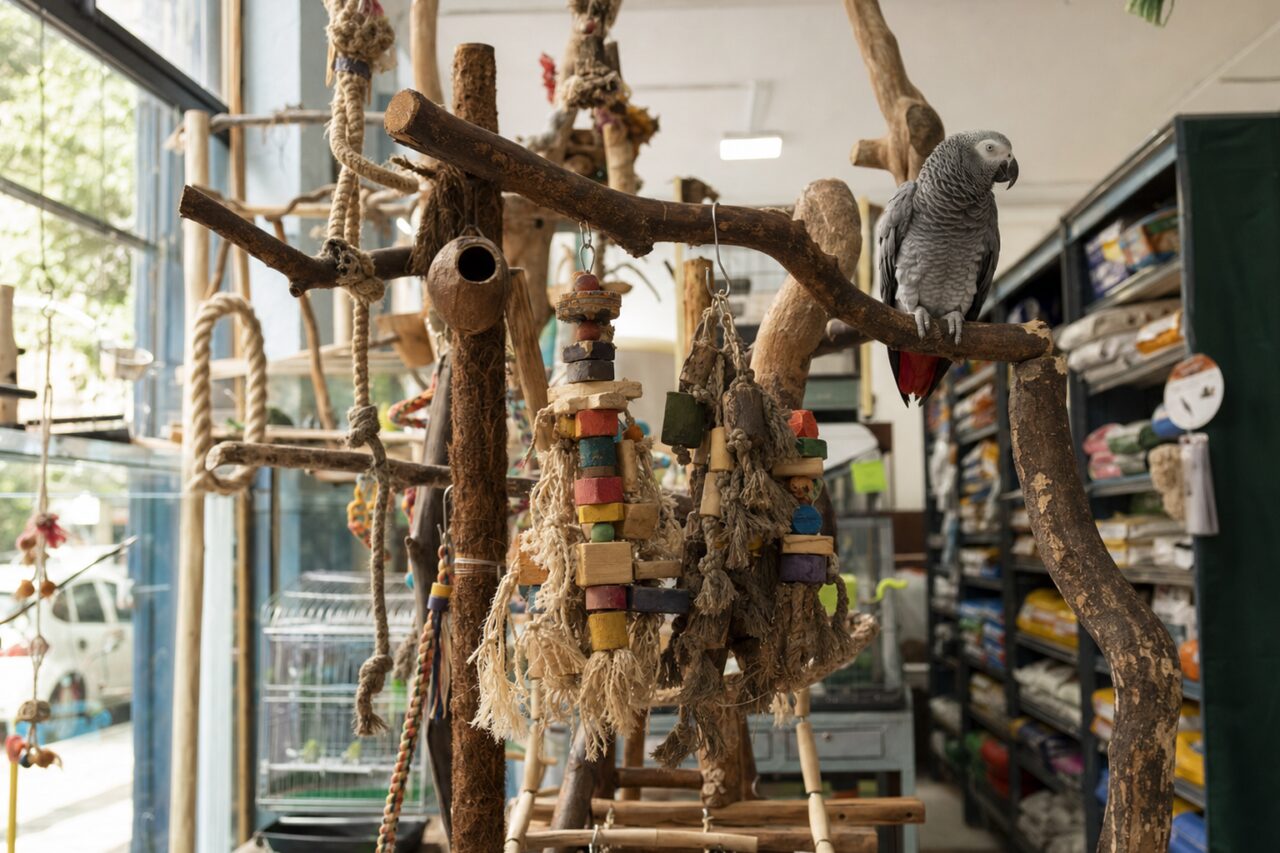 Pappagallo grigio appollaiato sopra un gioco in legno