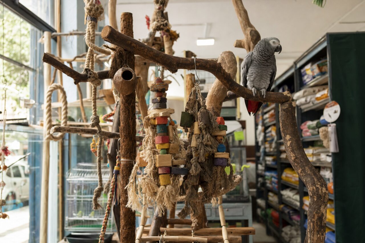 Perroquet gris au cœur d’une structure de branches