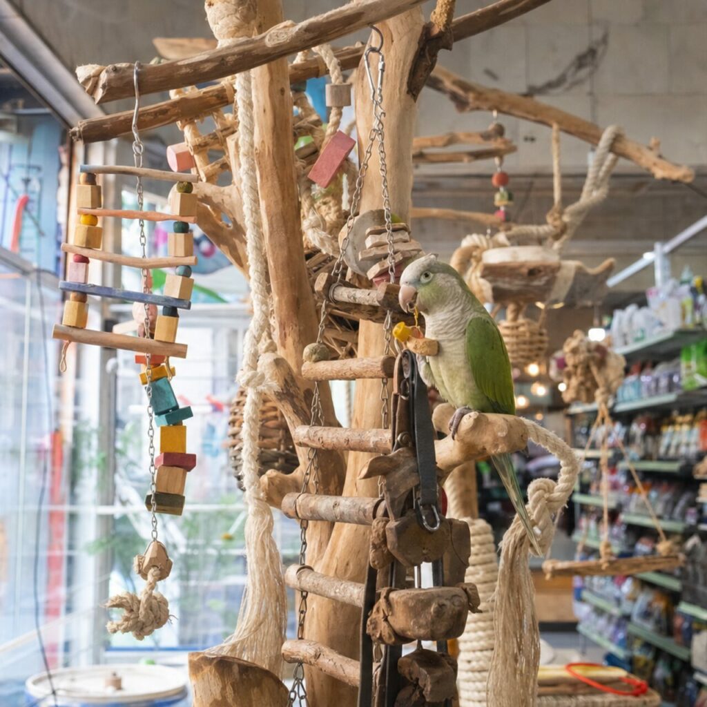 Grüner Papagei auf einer Konstruktion aus Naturästen