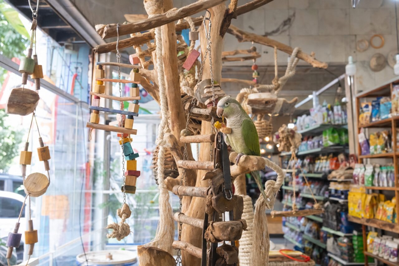 Loro verde en un posadero de madera en una tienda de animales