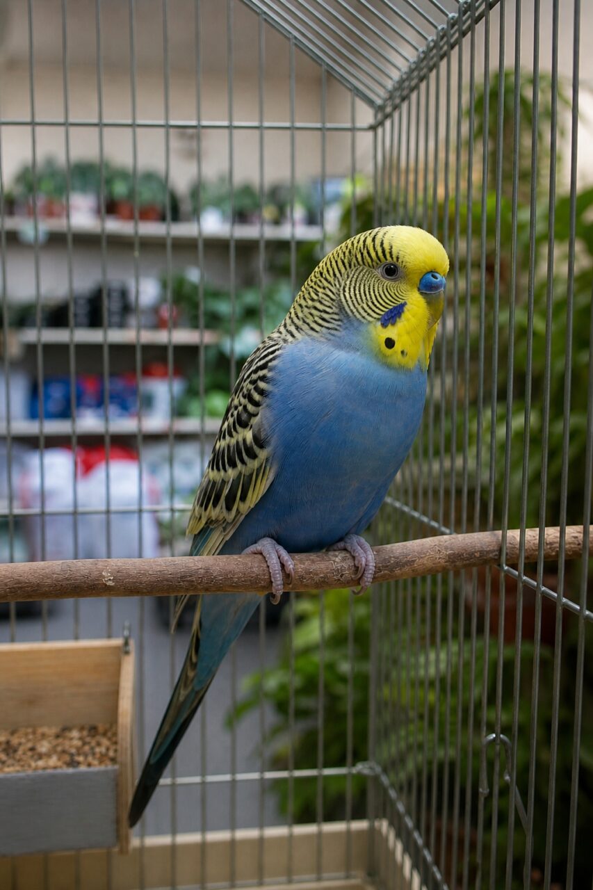 Perruche bleue et jaune perchée dans une cage verticale