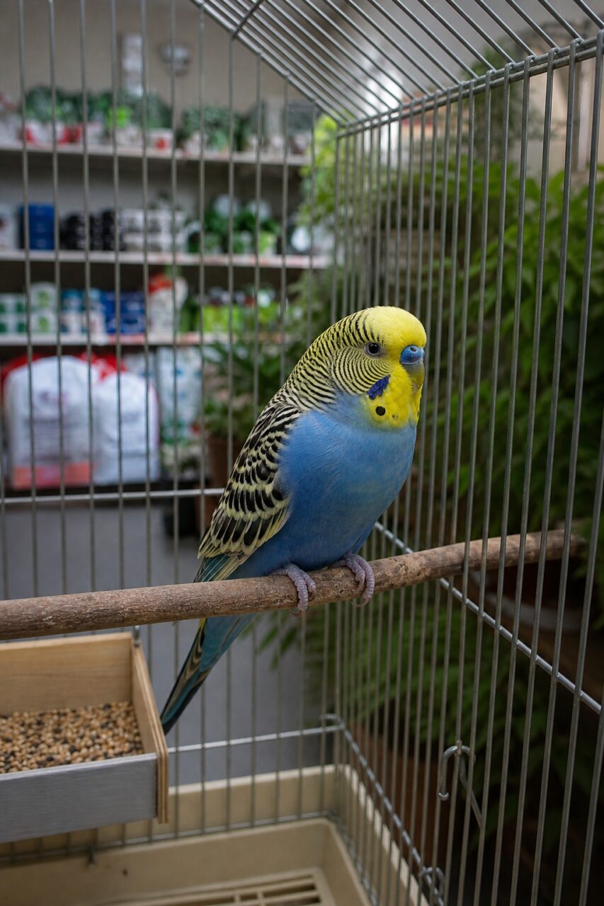 Periquito azul e amarelo no poleiro numa gaiola de loja