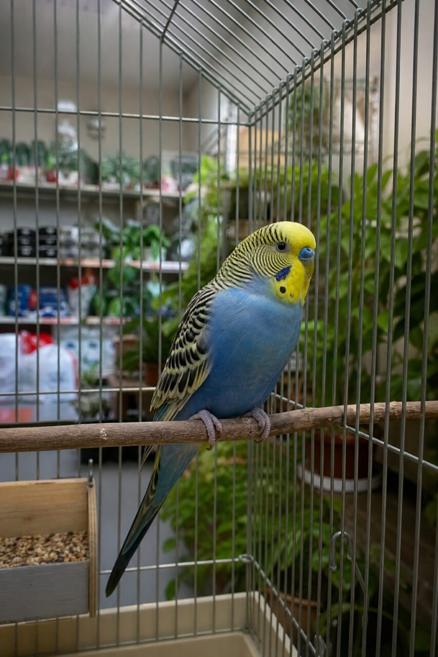Parrocchetto ondulato blu e giallo nella gabbia del negozio per animali