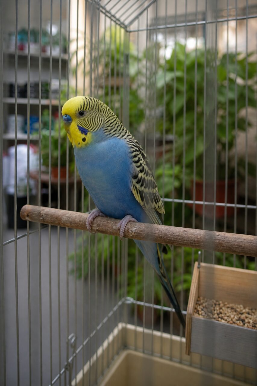 Blauwe grasparkiet op een zitstok in het verblijf