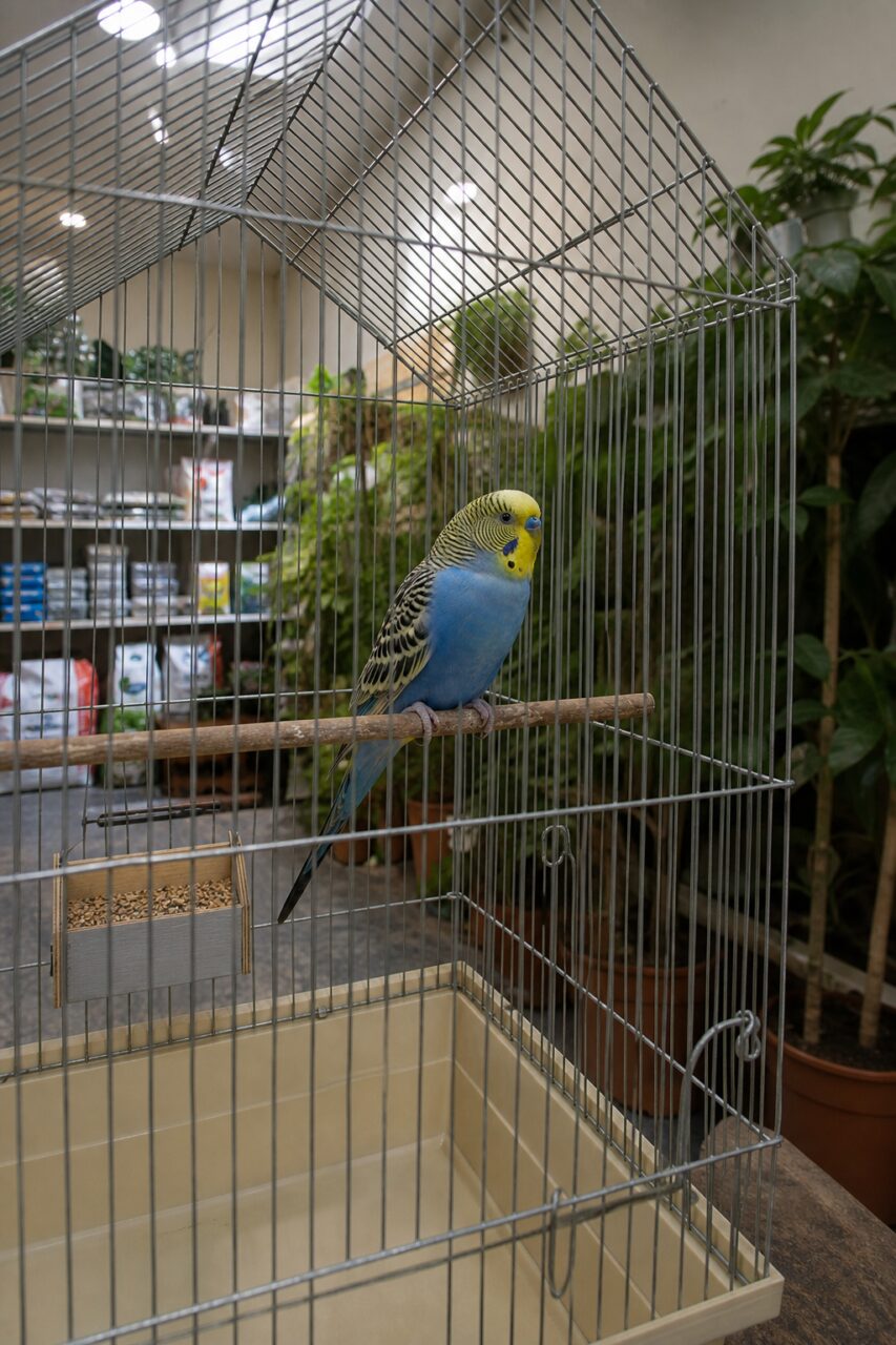 Wellensittich in einem großen Käfig mit Pflanzen im Hintergrund