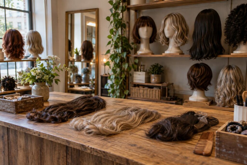 Independent wig shop — arranging hairpieces at a wooden counter