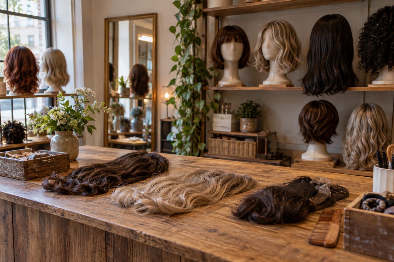 Zelfstandige pruikenwinkel — arranging hairpieces at a wooden counter