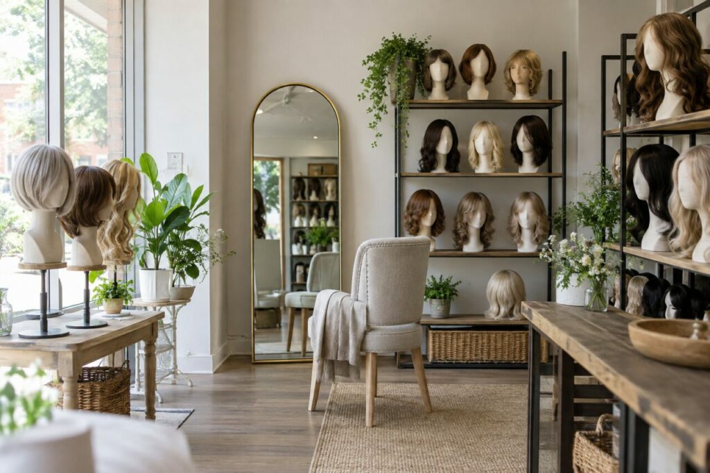 Loja independente de perucas — inside a discreet independent wig shop