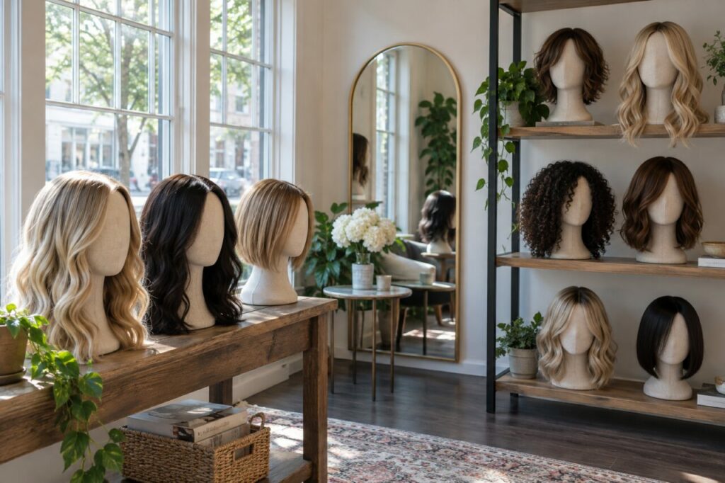 Independent wig shop — with wigs on quiet display stands