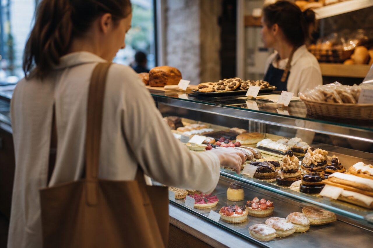 Personne avec cabas brun montrant une pâtisserie dans une vitrine