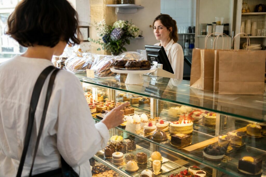 Personne pointant vers une vitrine de petits gâteaux face au comptoir