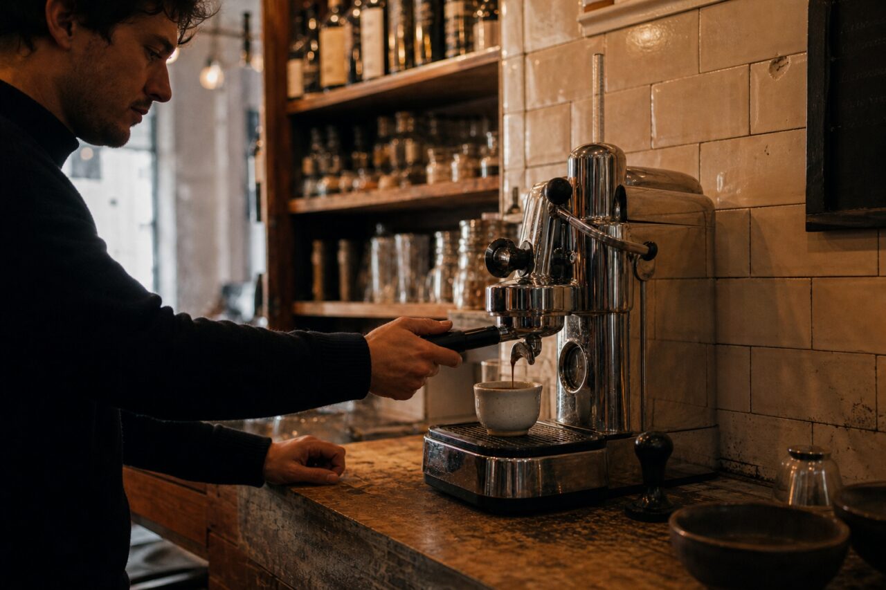 Persona sosteniendo el portafiltro de una máquina de espresso junto a las estanterías de la barra