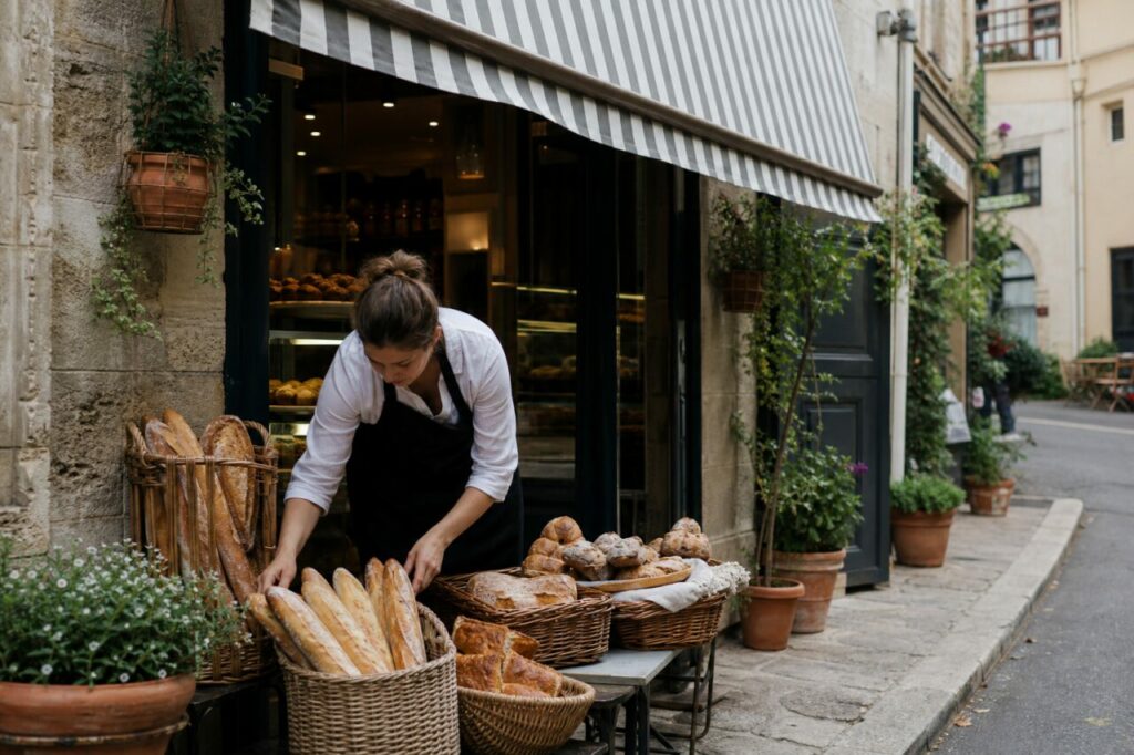 Personne rangeant des baguettes dans des paniers sous un store rayé
