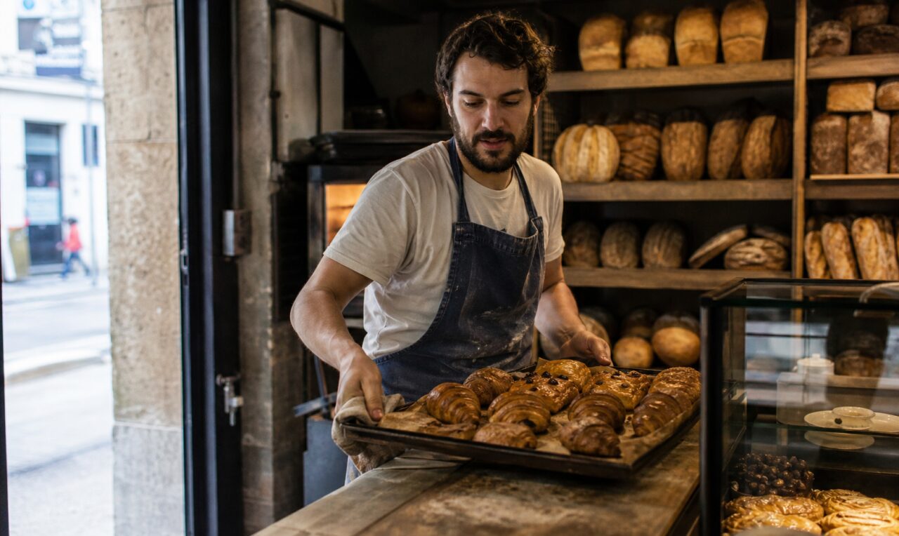 Person in a dark apron carrying a tray of croissants before a wall of bread