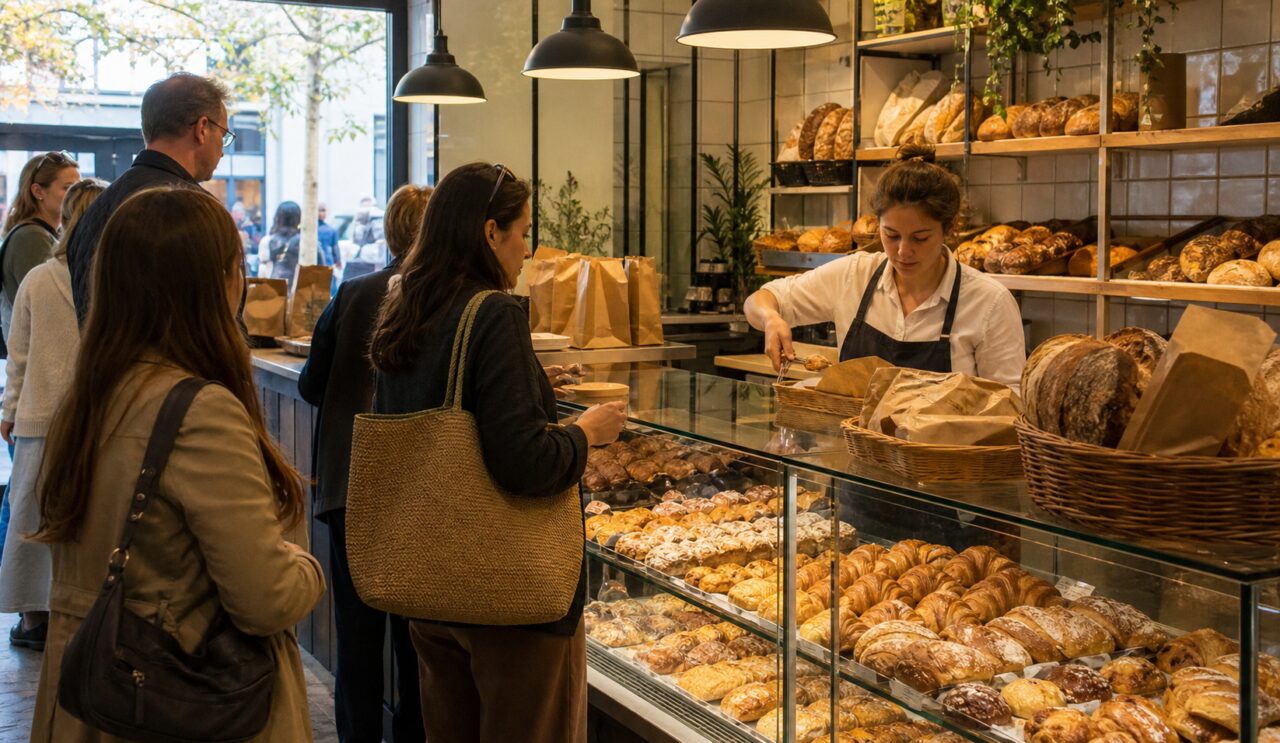 Aproned person serving a pastry in front of several customers