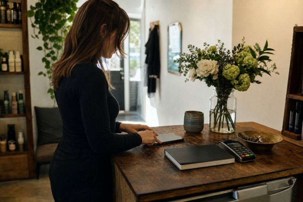 Accueil du salon avec personne touchant le téléphone près du bouquet