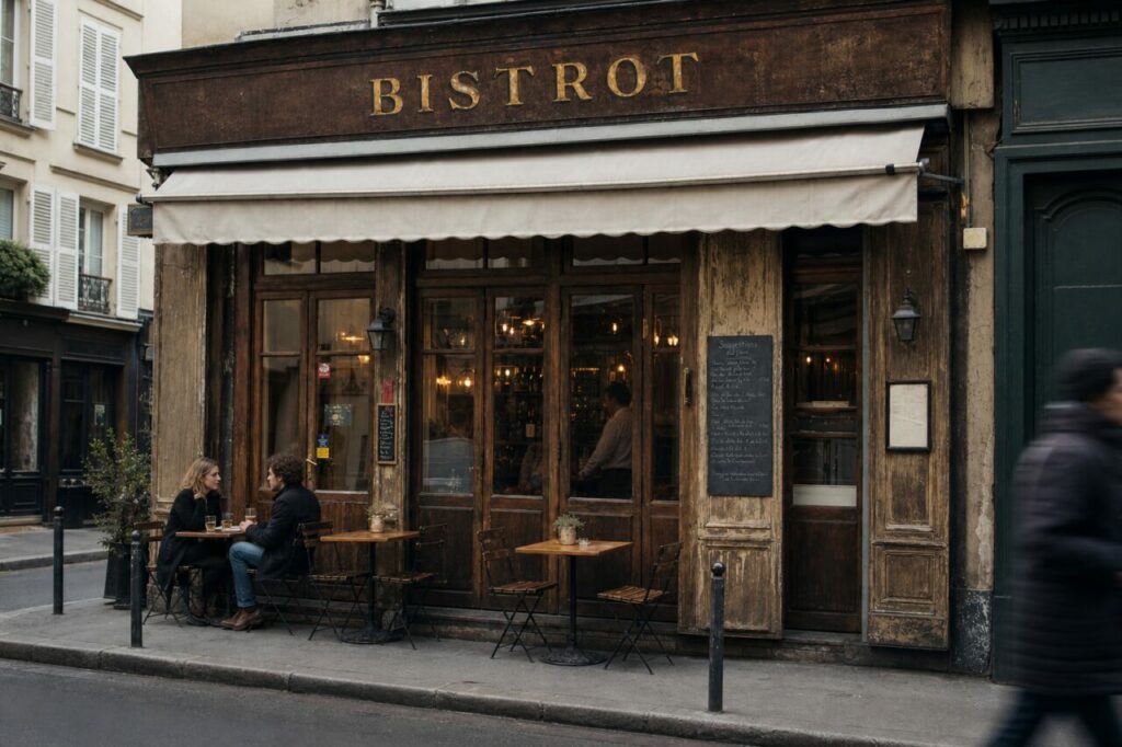 Deux personnes attablées devant une façade de bistrot