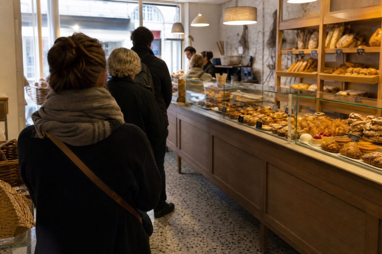 Plusieurs personnes devant un long comptoir vitré garni de pâtisseries