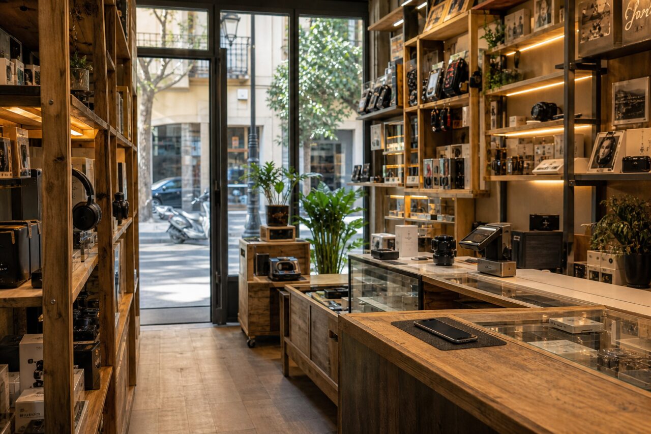 Wide perspective through a smartphone shop with the phone in the foreground