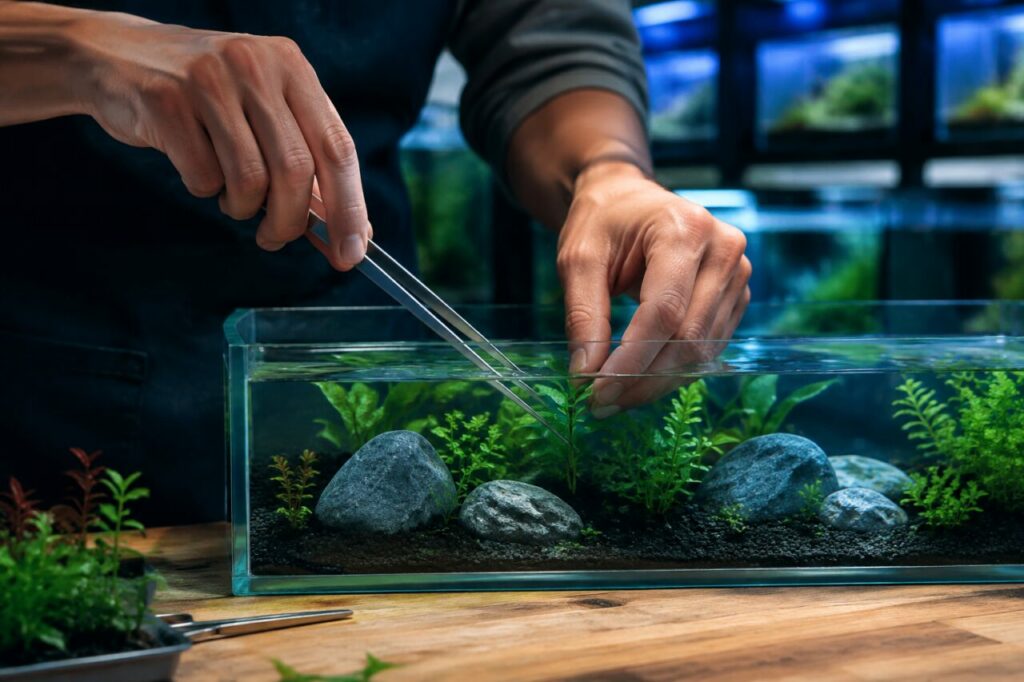 Klein aquarium met planten, stenen, grind en pincet