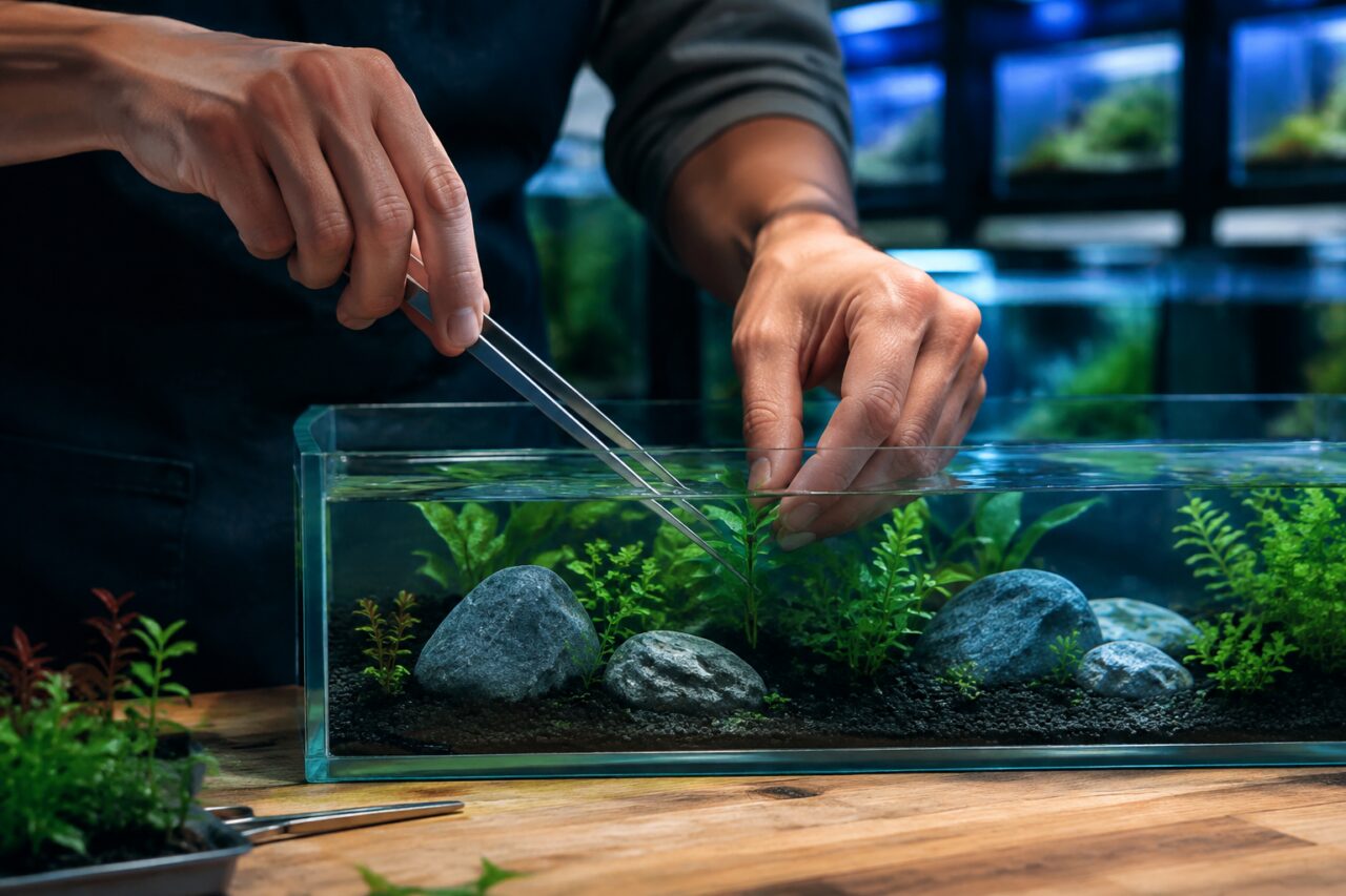 Aquário pequeno com plantas, pedras, cascalho e pinças