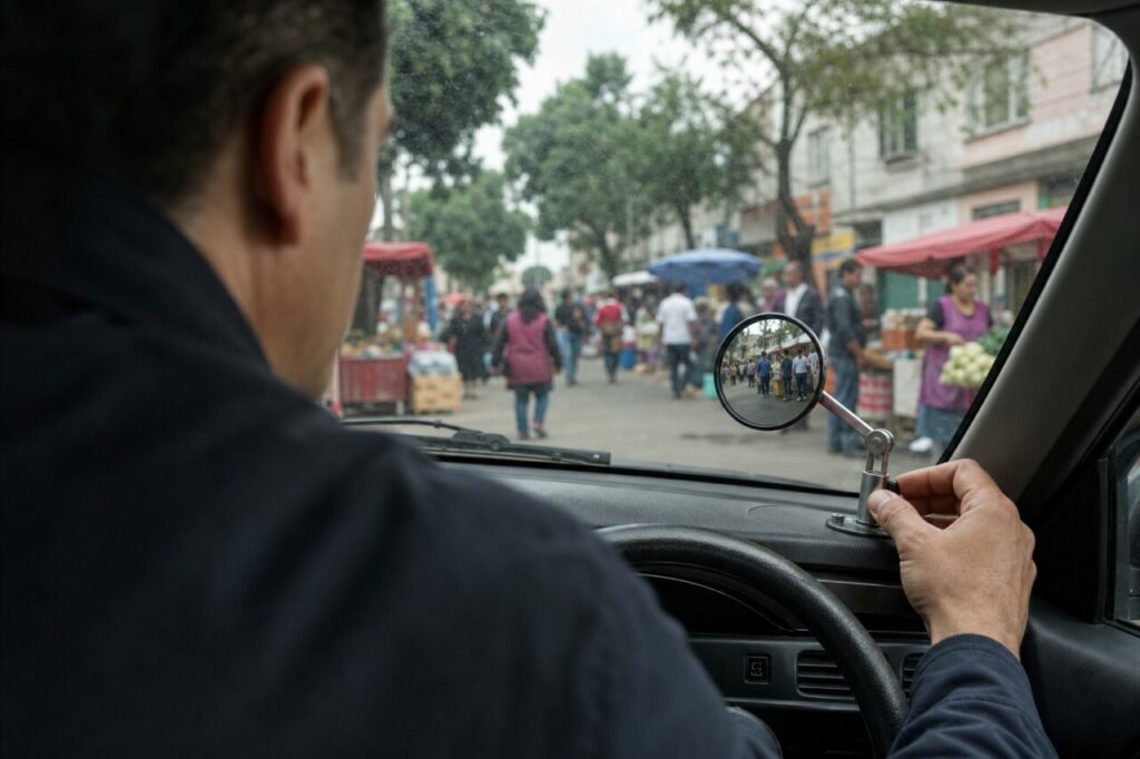 Small round mirror aimed at a busy street