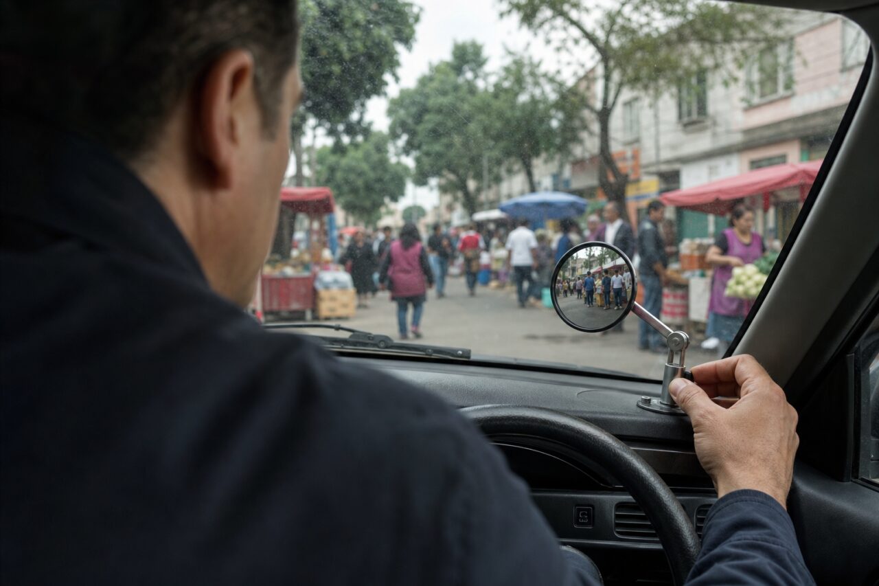 Small round mirror aimed at a busy street