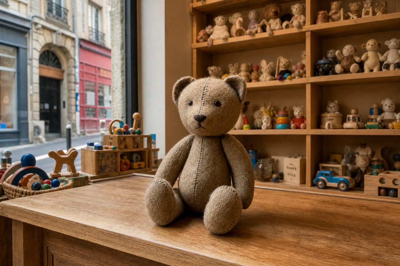 Small teddy bear centred on a broad counter