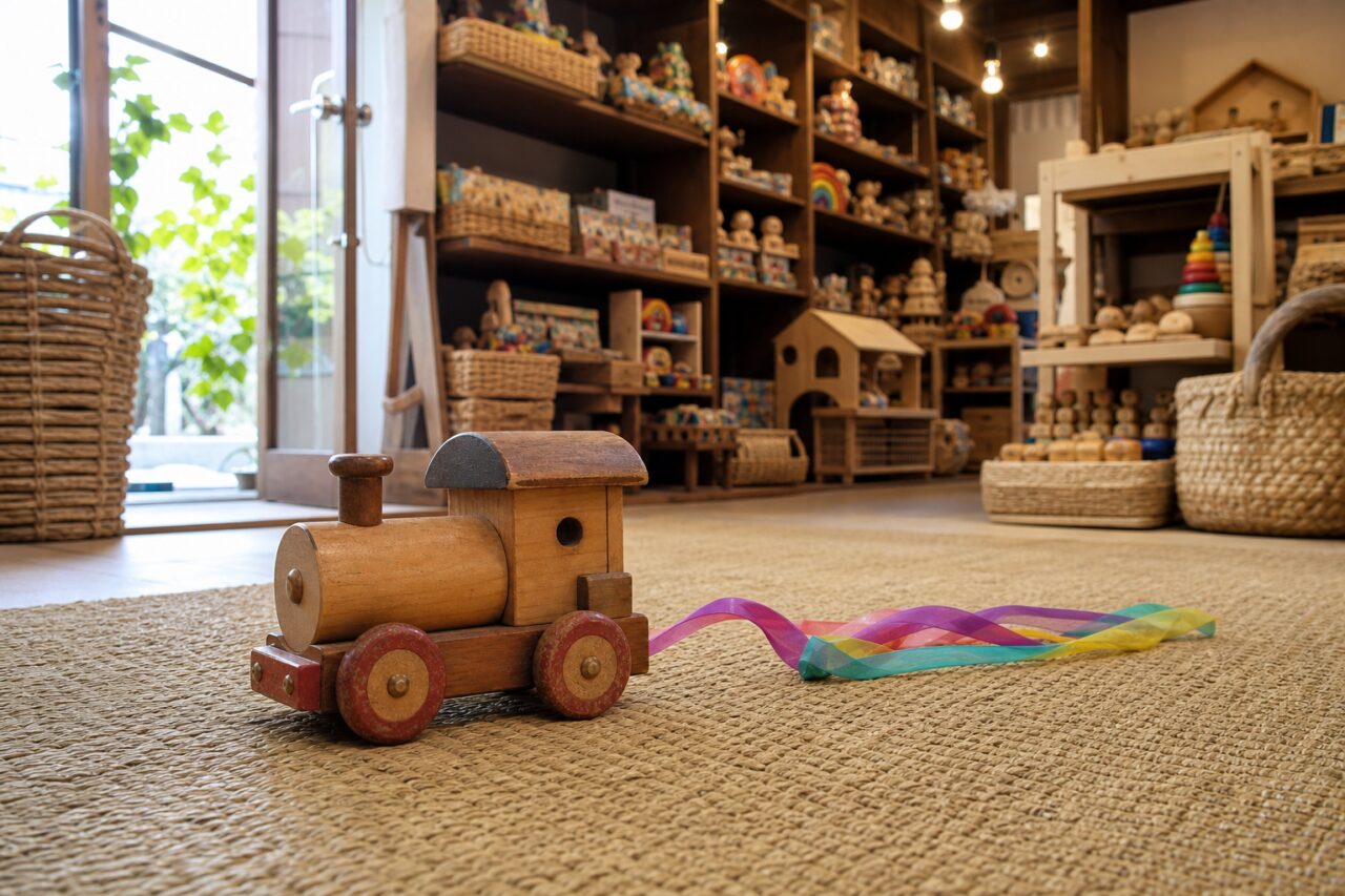 Small wooden train inside a toy shop