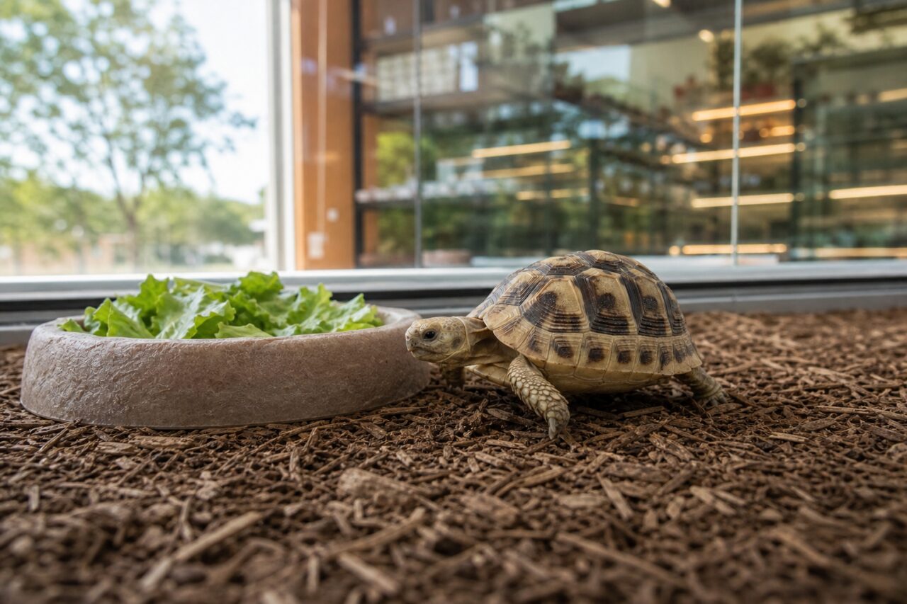 Petite tortue terrestre dans un enclos intérieur
