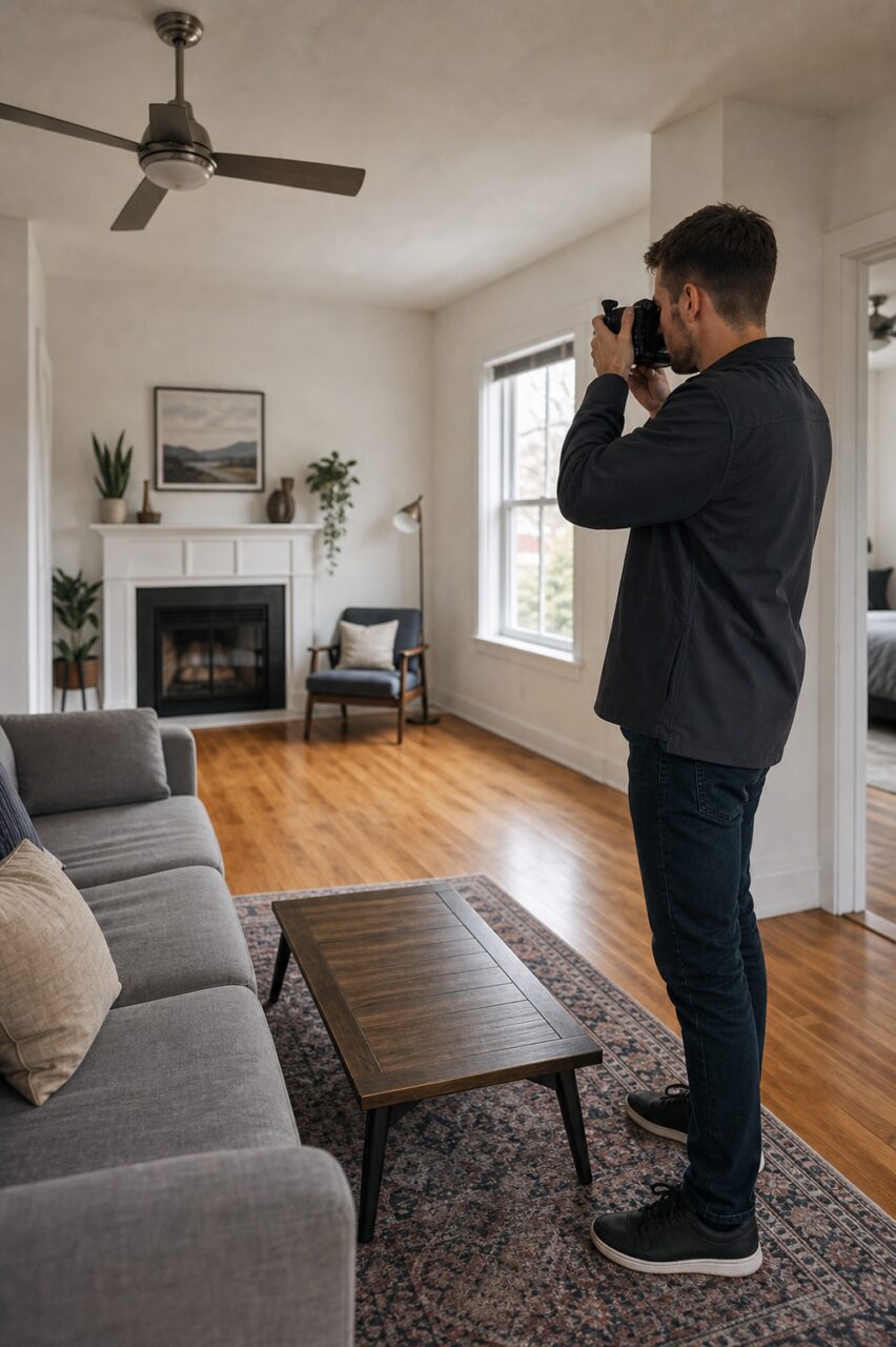 Fotograf bei der Arbeit in einem Wohnzimmer