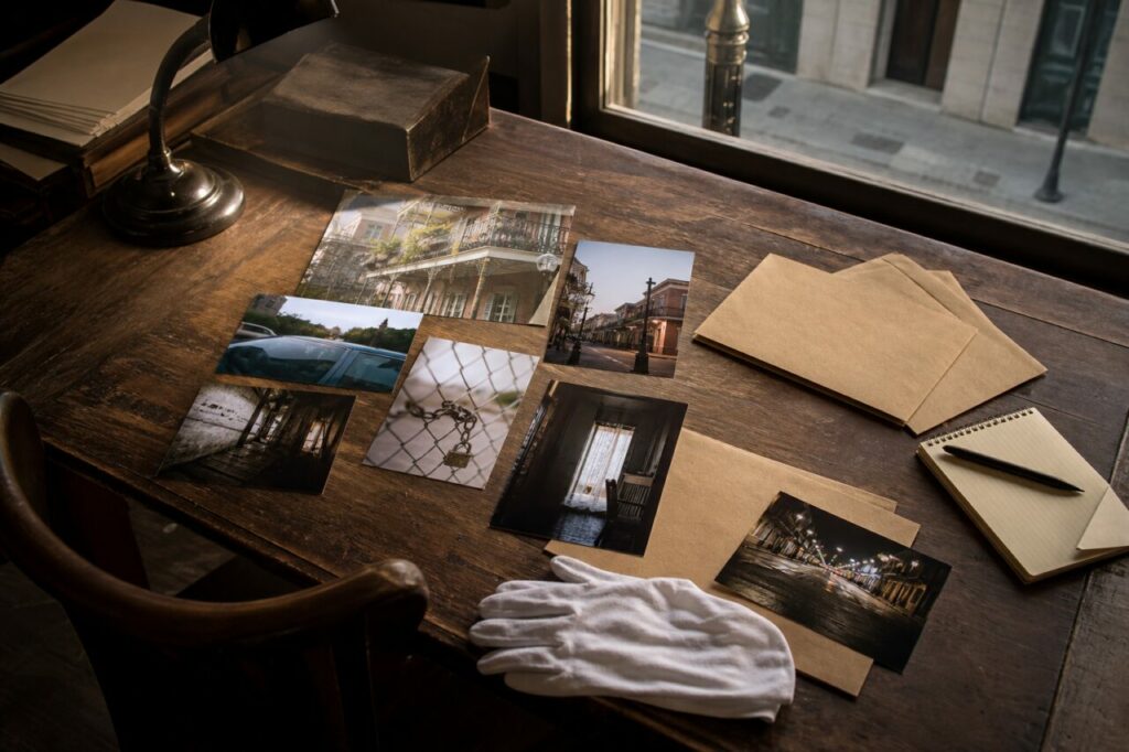 Photographies, enveloppes et gants blancs sur une table en bois