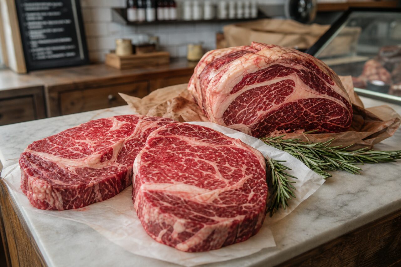 Marbled beef cuts with rosemary
