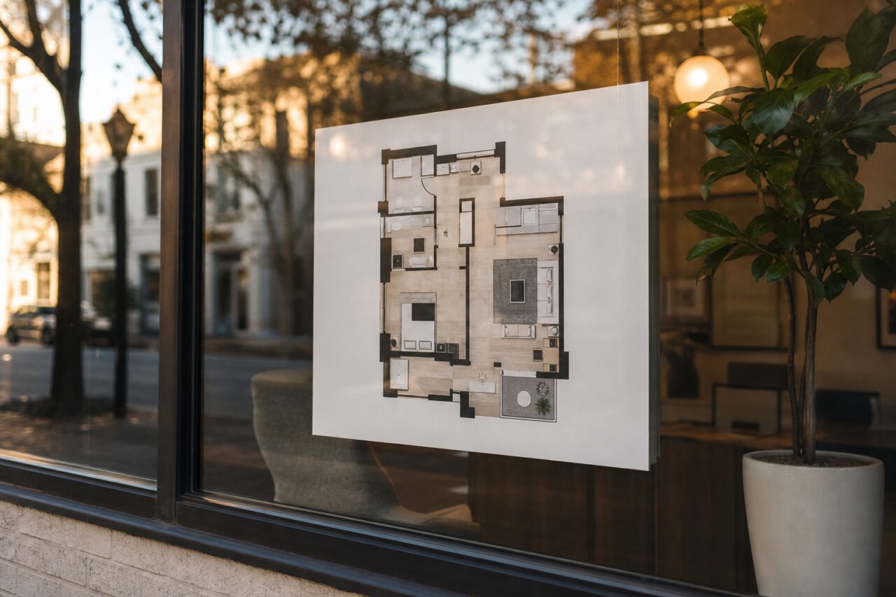 Möblierter Wohnungsgrundriss hinter einem Schaufenster