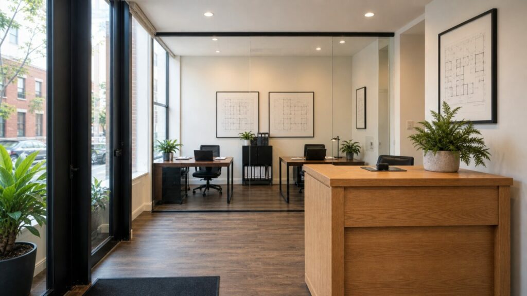 Plan d’architecte sur le comptoir d’une agence immobilière à Chicago