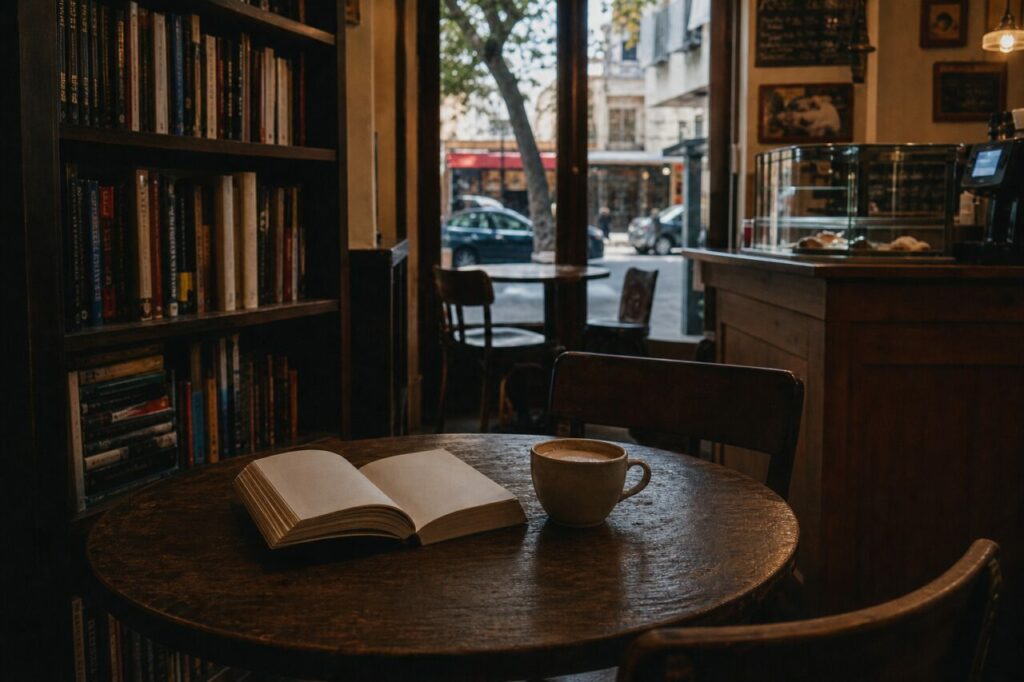 Breed cafébeeld met boek, kop en hoge boekenkast