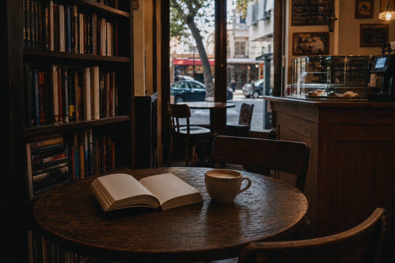 Veduta ampia del caffè con libro, tazza e grande libreria