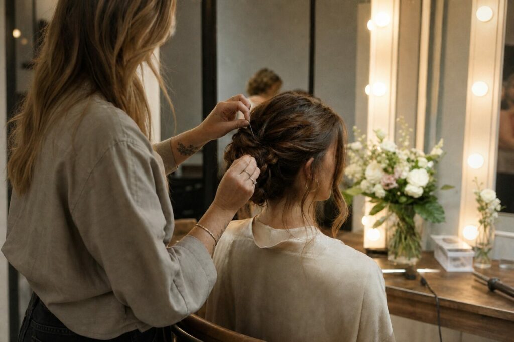 Deux mains ordonnent les boucles du chignon brun