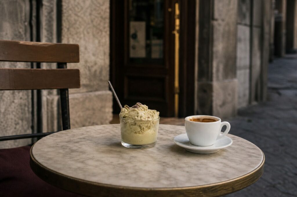 Breed beeld van bevroren dessert en koffie op een ronde tafel