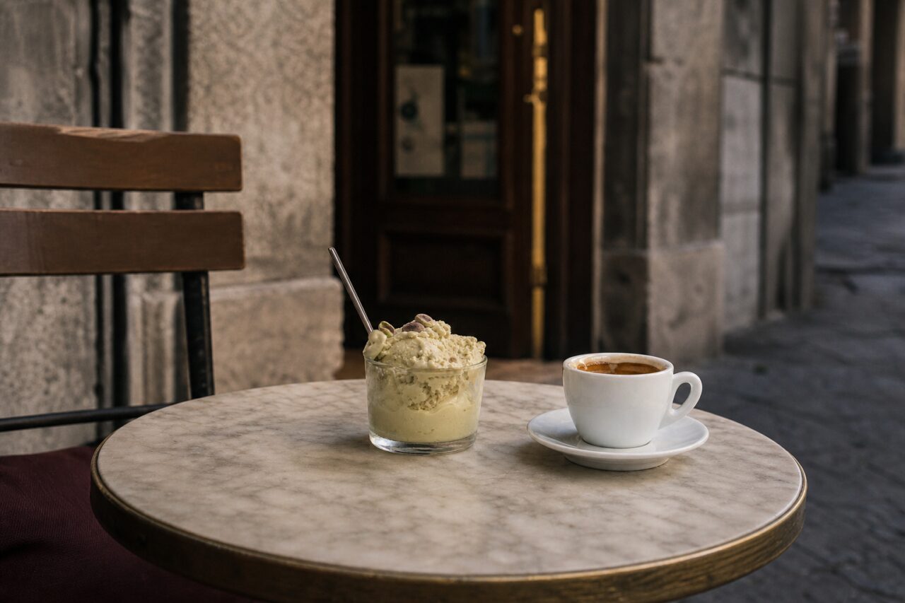 Plan large d’un dessert glacé et d’un café sur une table ronde