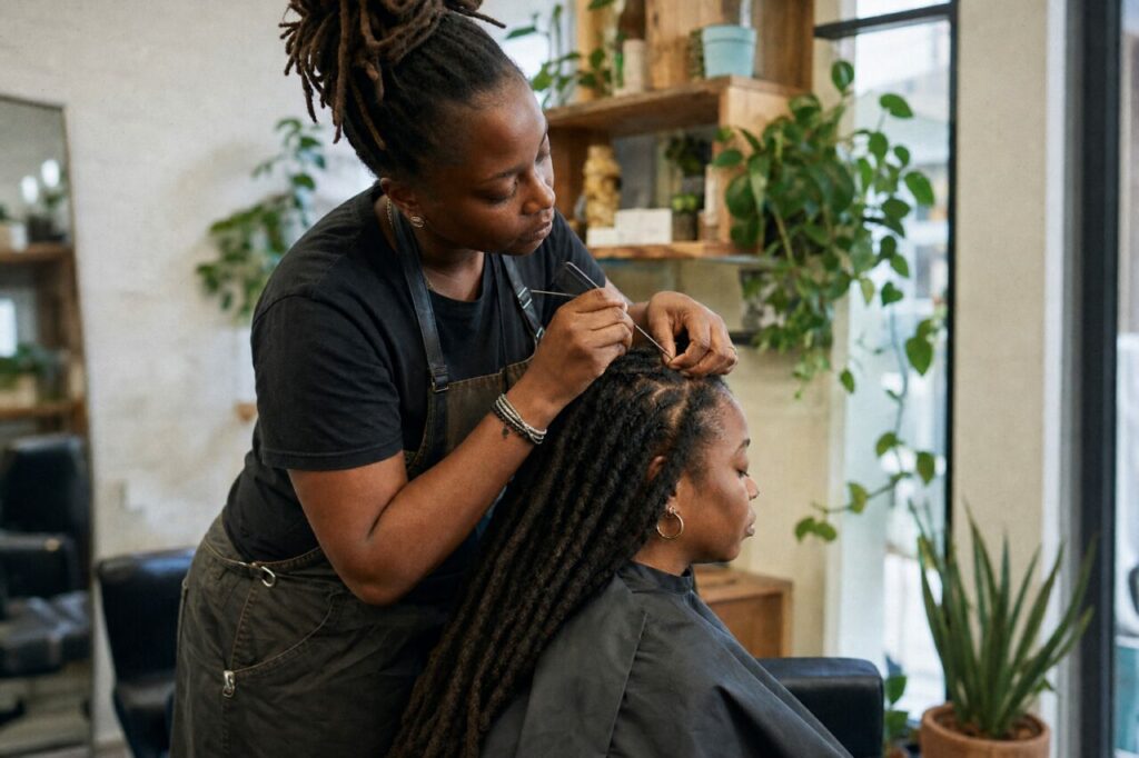 Ferramenta metálica junto das locs compridas