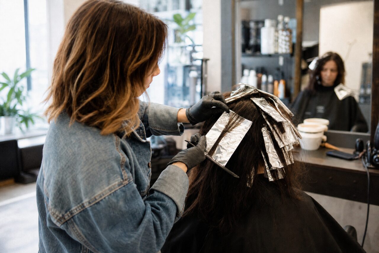 Salon de coiffure avec feuilles brillantes dans les cheveux