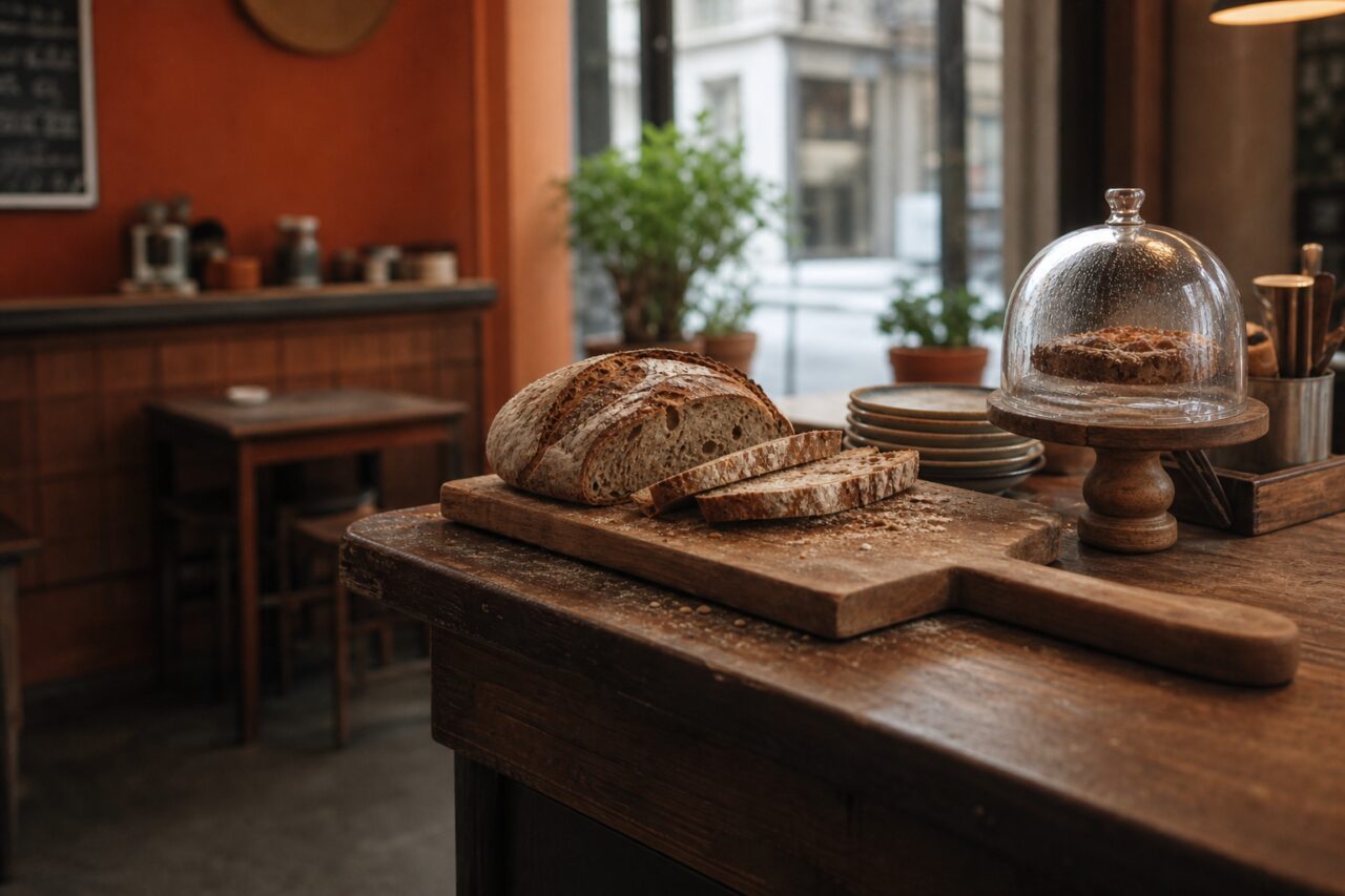 Wide view of sliced bread with plates and transparent dome