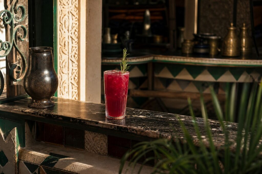 Wide view of a glass filled with red liquid on a long counter